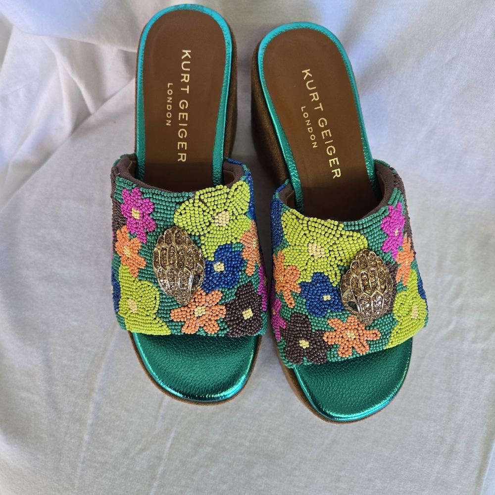 Kurt Geiger Beaded Floral Slide Mules in Teal, Green, Pink, Orange - Picture 5 of 16